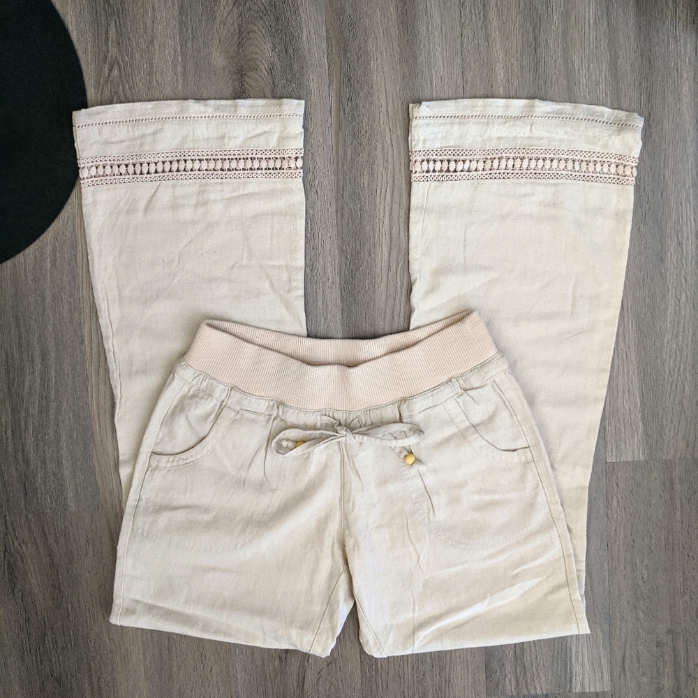 Love Tree Beige Linen Blend Crochet Hem Pants Sm